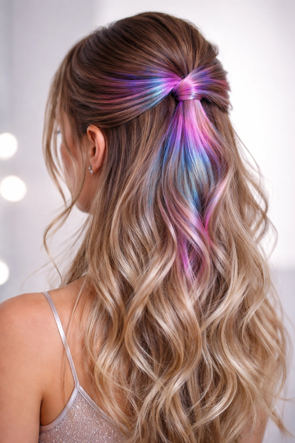 Half-Up hairstyle with metallic colored spray shine