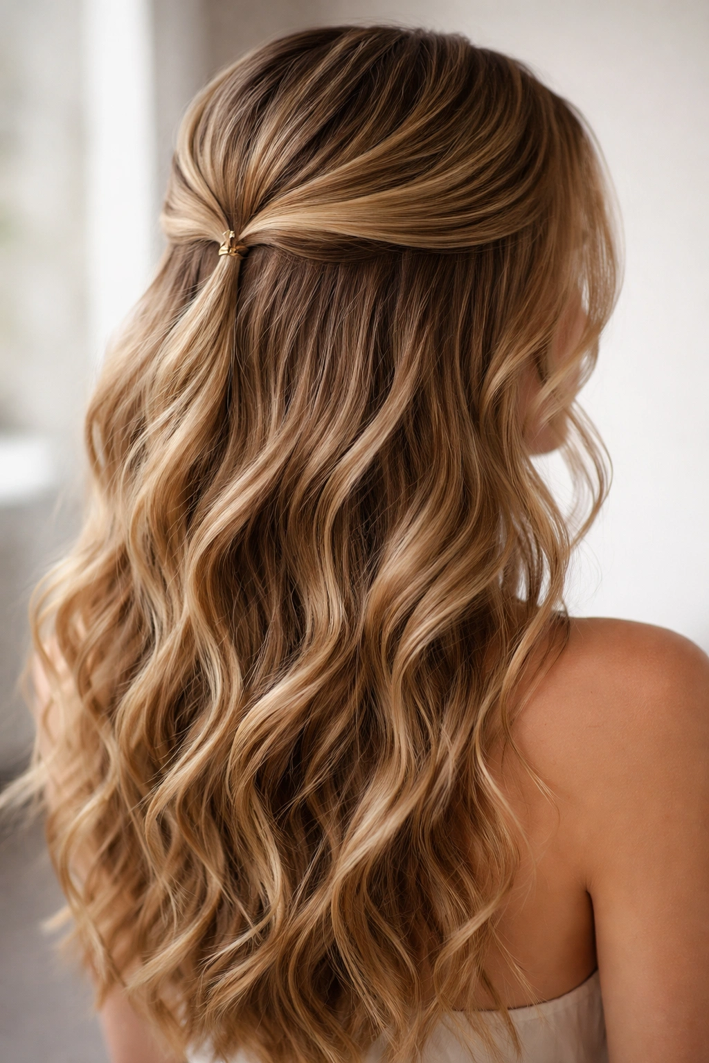 Wavy hair with a curved half-moon top section secured at the back