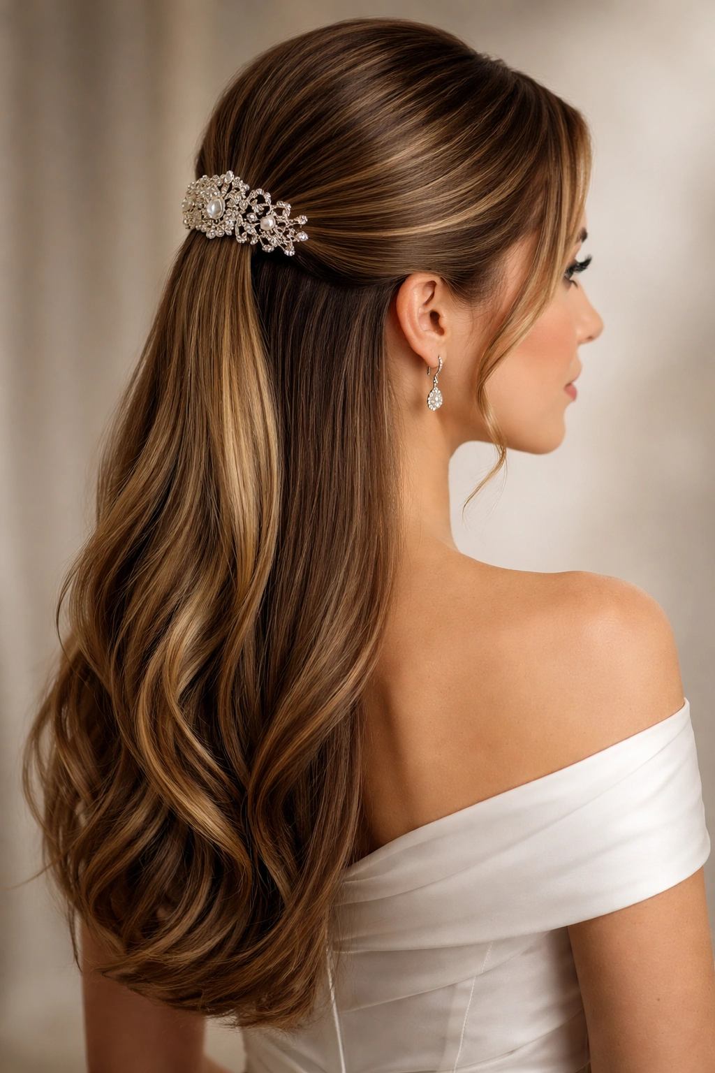 Low half-ponytail with a prominent ornamental clip at the base