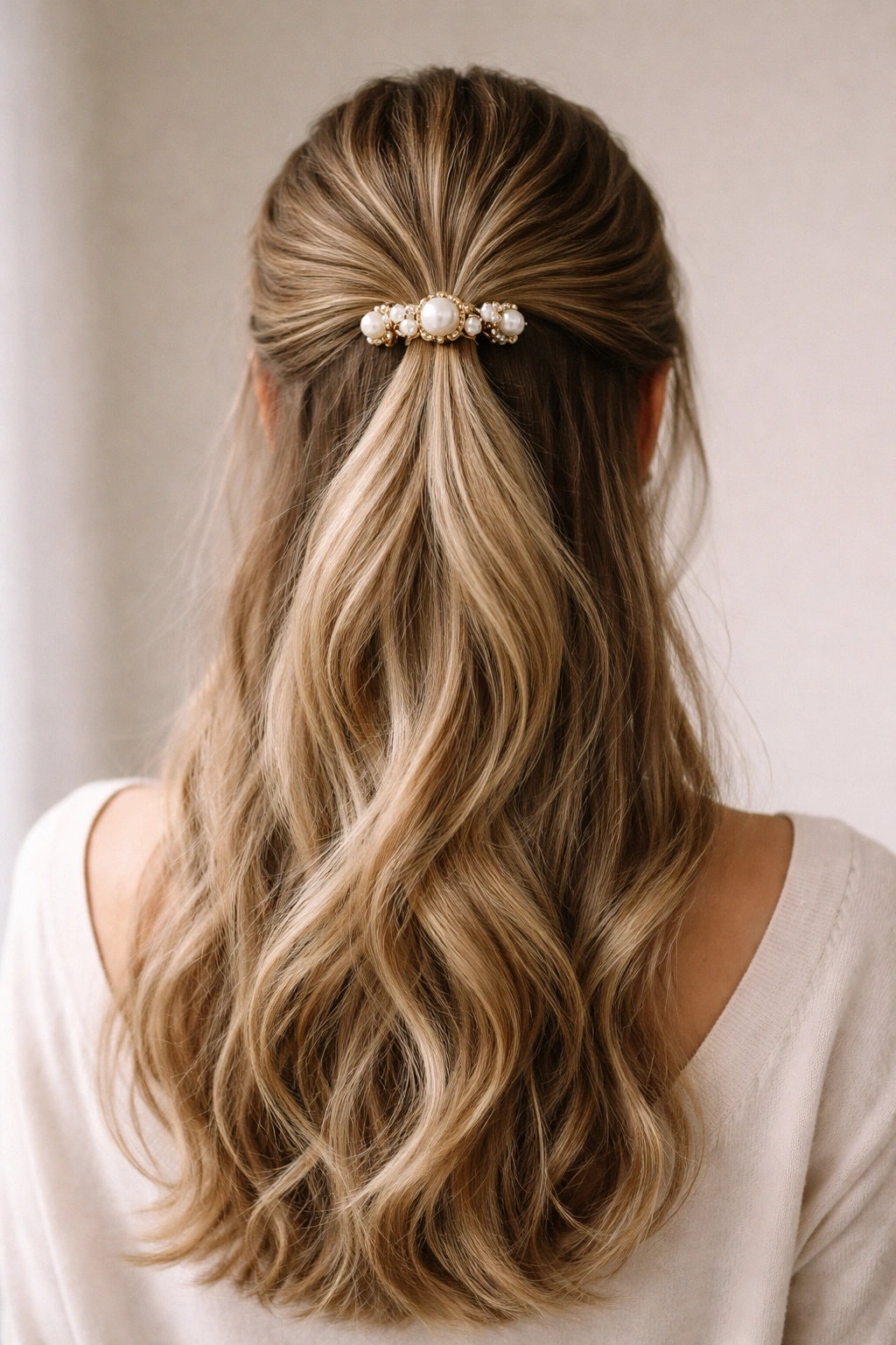 Back view of half-up ponytail secured with a pearl clip