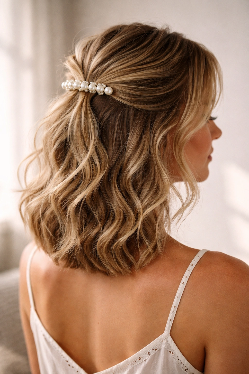 Wavy half-up secured with a pearl clip at the crown