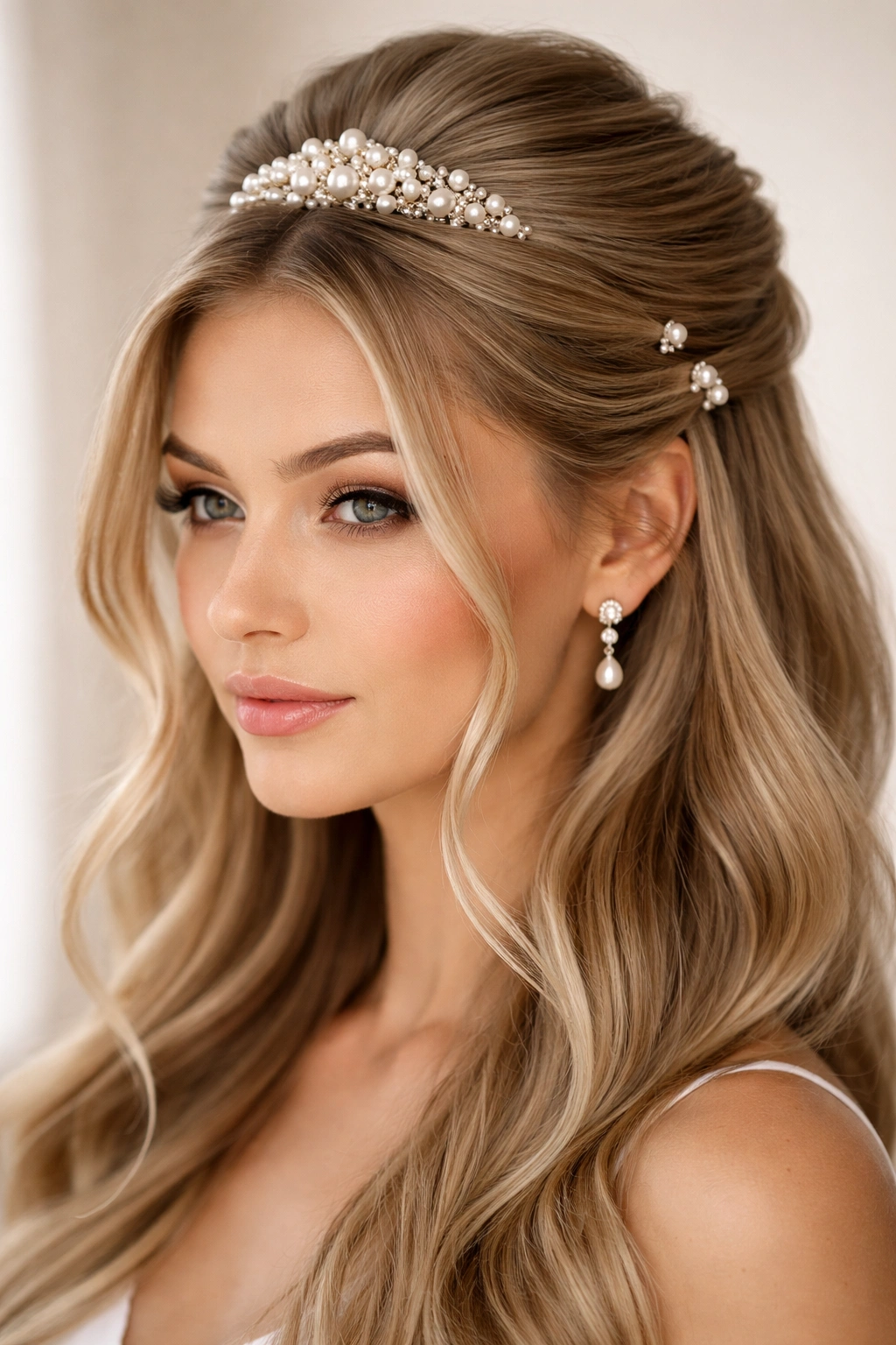 Pearl-adorned half-up with anchored face-framing pieces behind the crown.