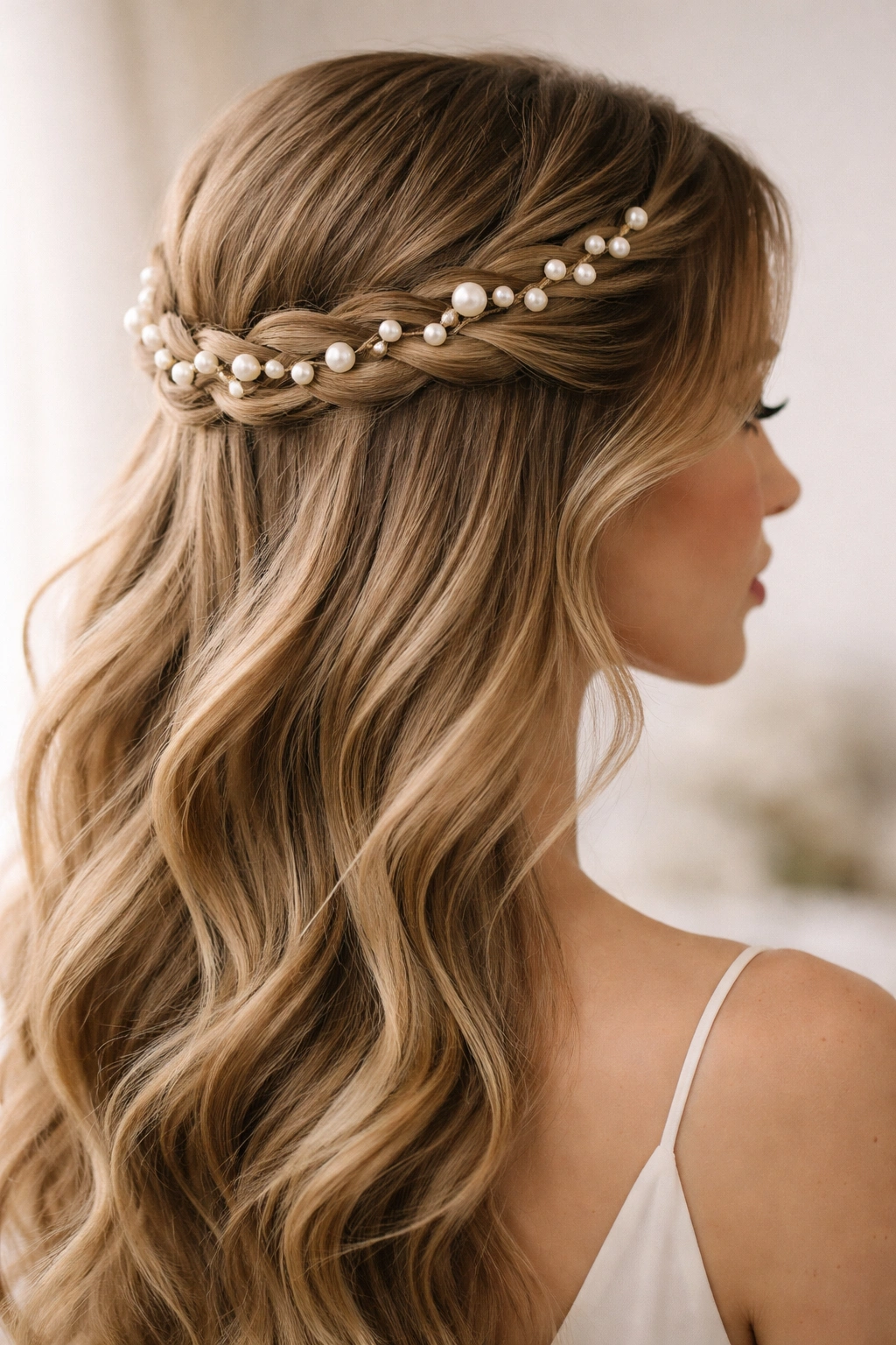 Close-up of a half-up halo hairstyle with pearl pins forming a crown at the back.