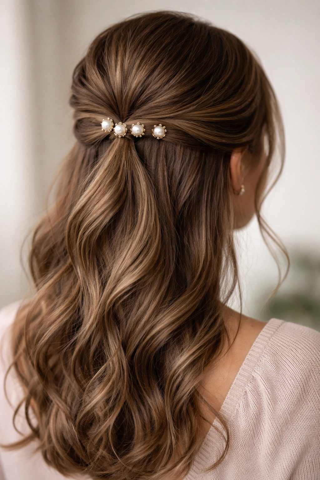 Half up hairstyle with decorative pearl pins in gathered section