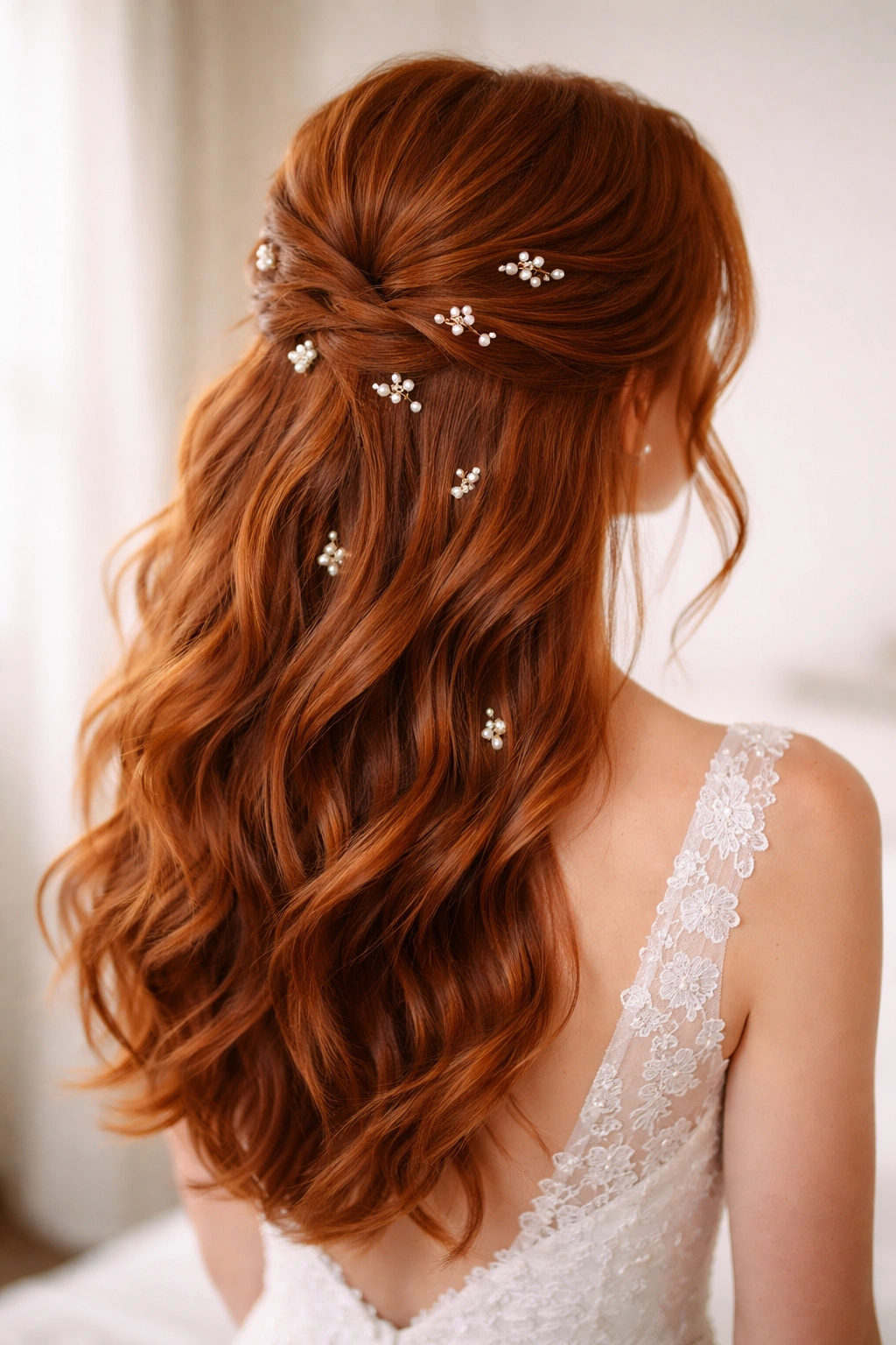 Half-up bridal hairstyle with pearl-beaded pins on red hair