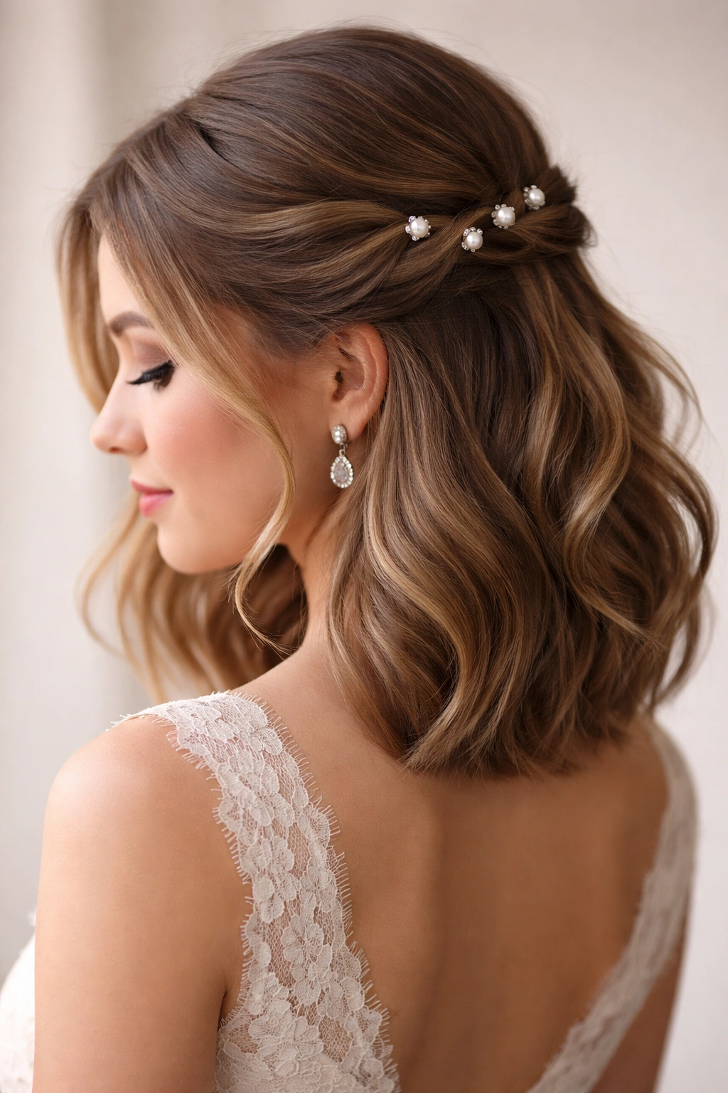Close-up of classic twisted half-up hairstyle with pearl pins on shoulder-length hair