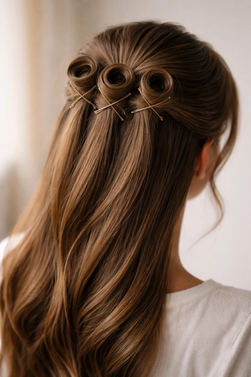 Crown area with pin curls secured by bobby pins in an X shape