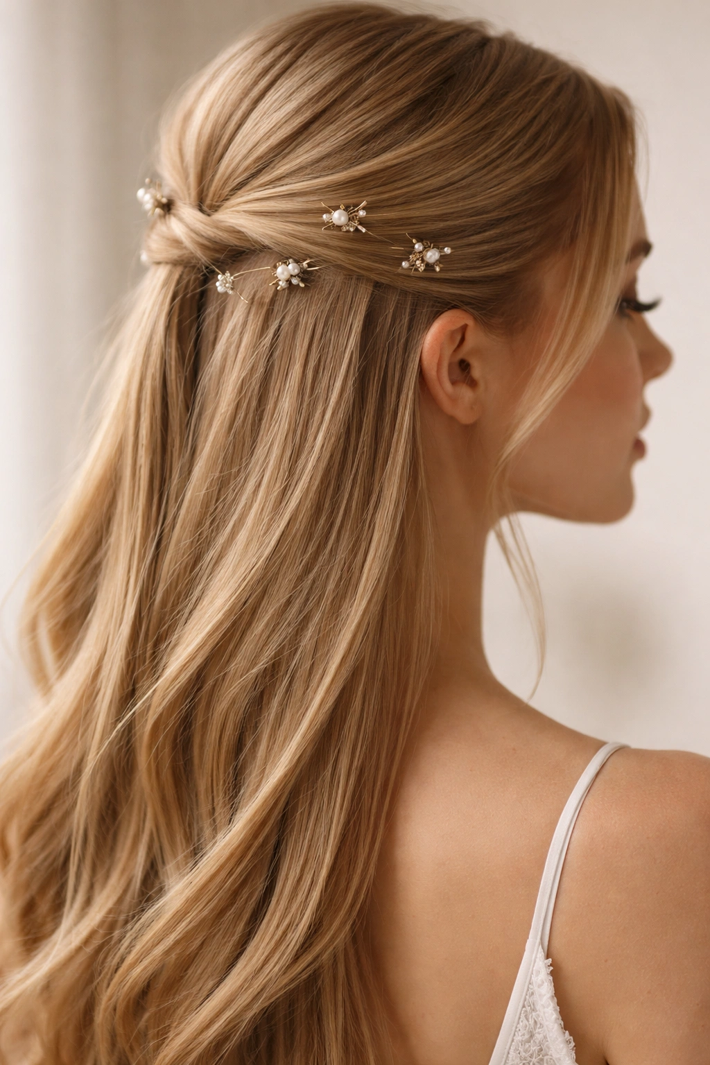 Close-up of straight hair in a half-up crown with delicate pins