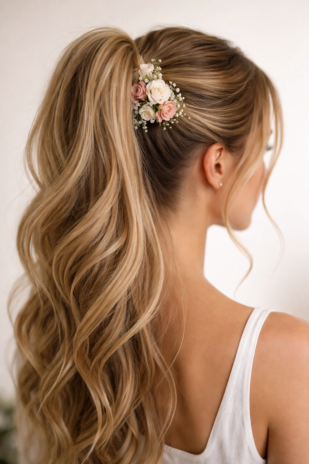 Close-up of a high half-up ponytail with flowers wrapped around the elastic base