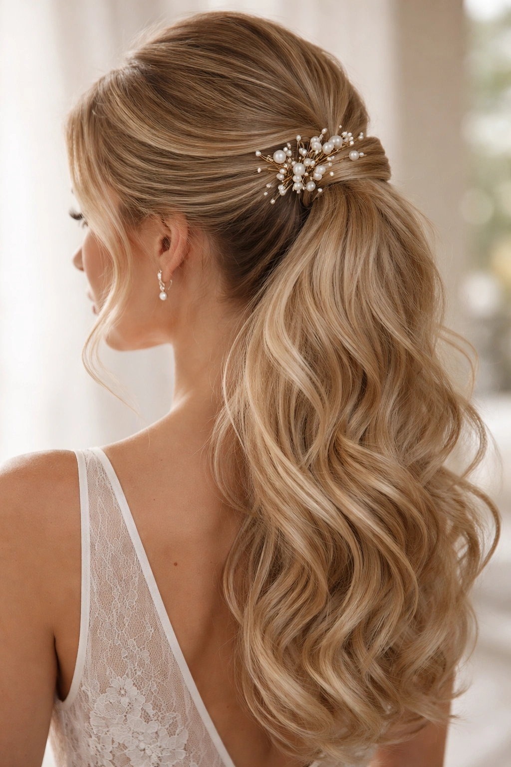 Half-up ponytail with decorative pearl pins