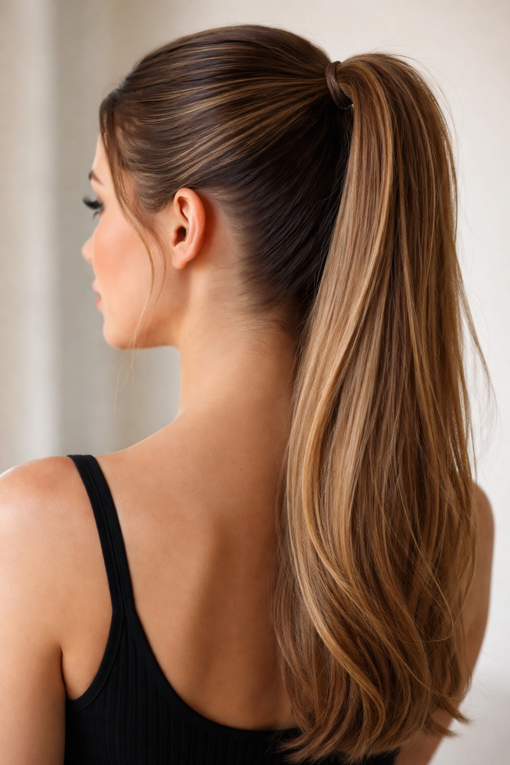 Close-up of Half-Up Ponytail with Sleek Underside showing hidden smooth underside and clean line.