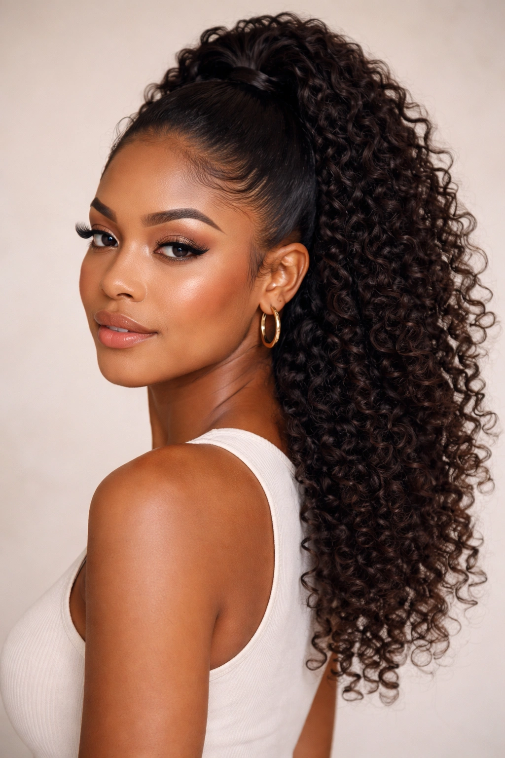 Close-up of half-up half-down ponytail with top portion secured and bottom coils loose.
