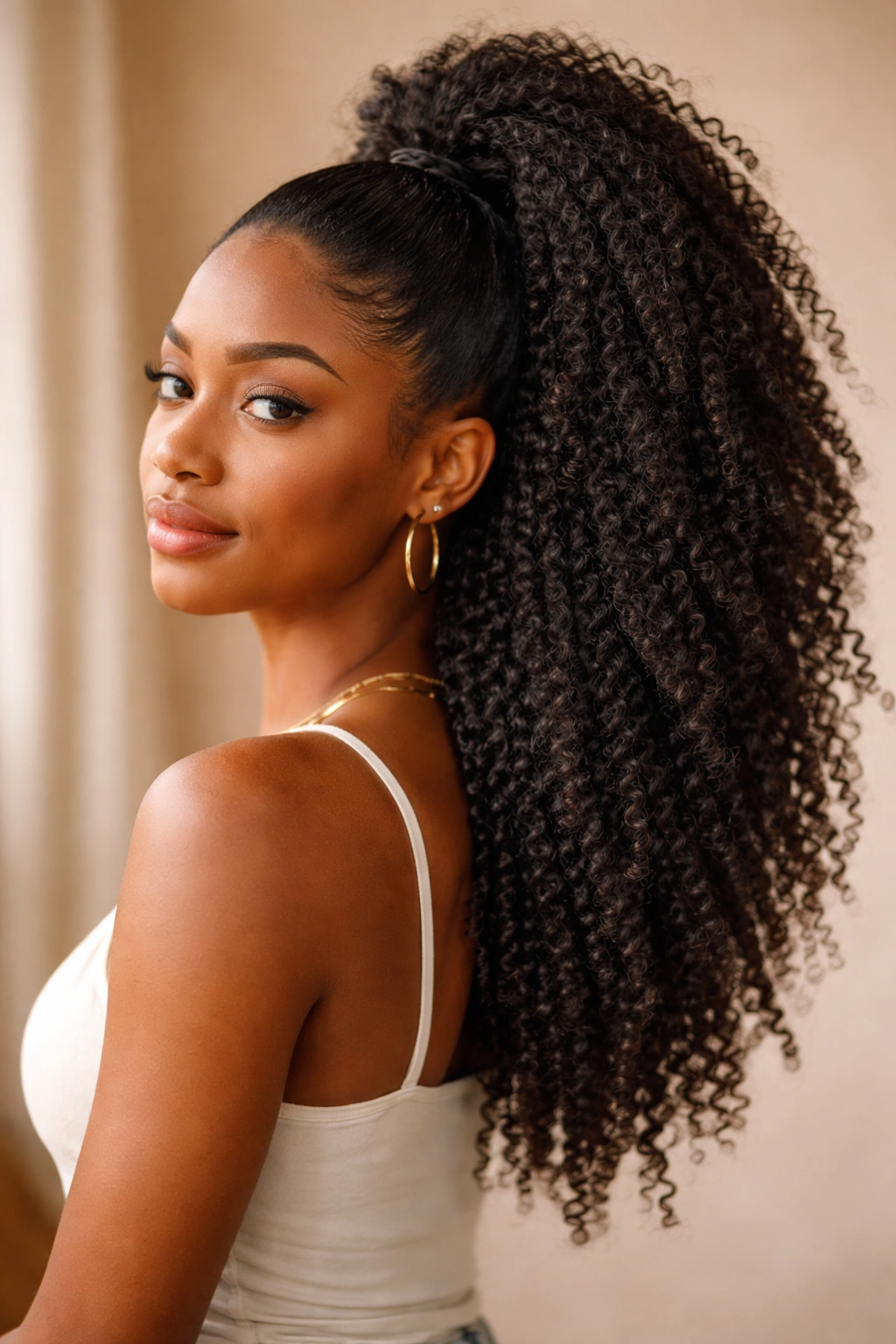 Half-up ponytail showing natural 4C texture with bottom hair down.