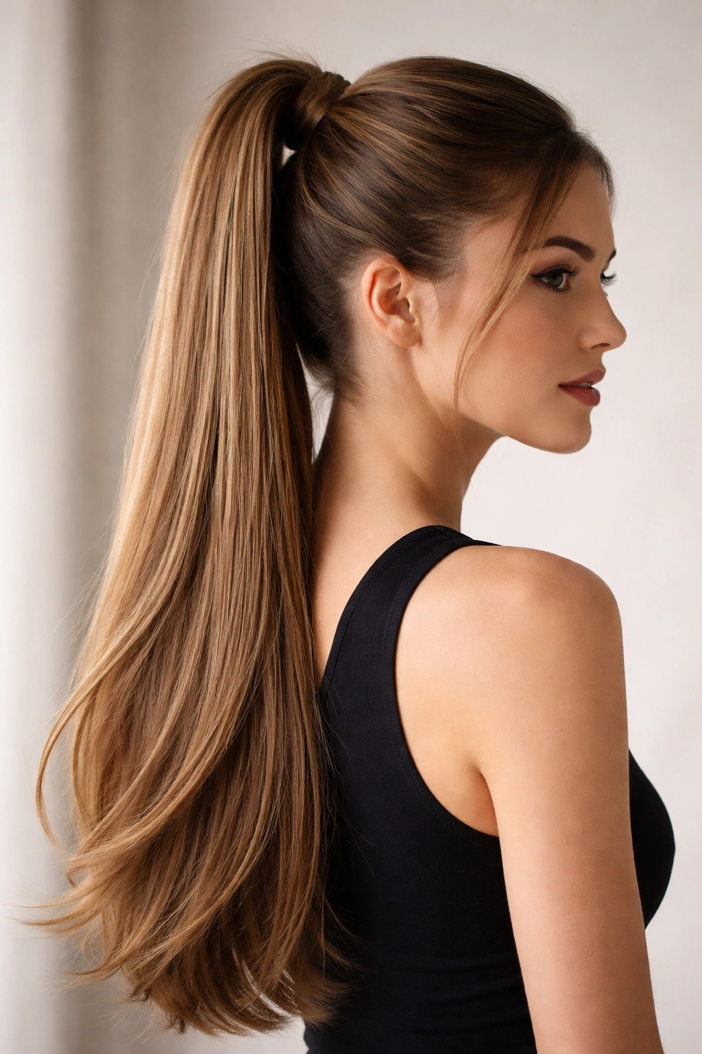 Half-up high ponytail with sleek top and flowing bottom hair