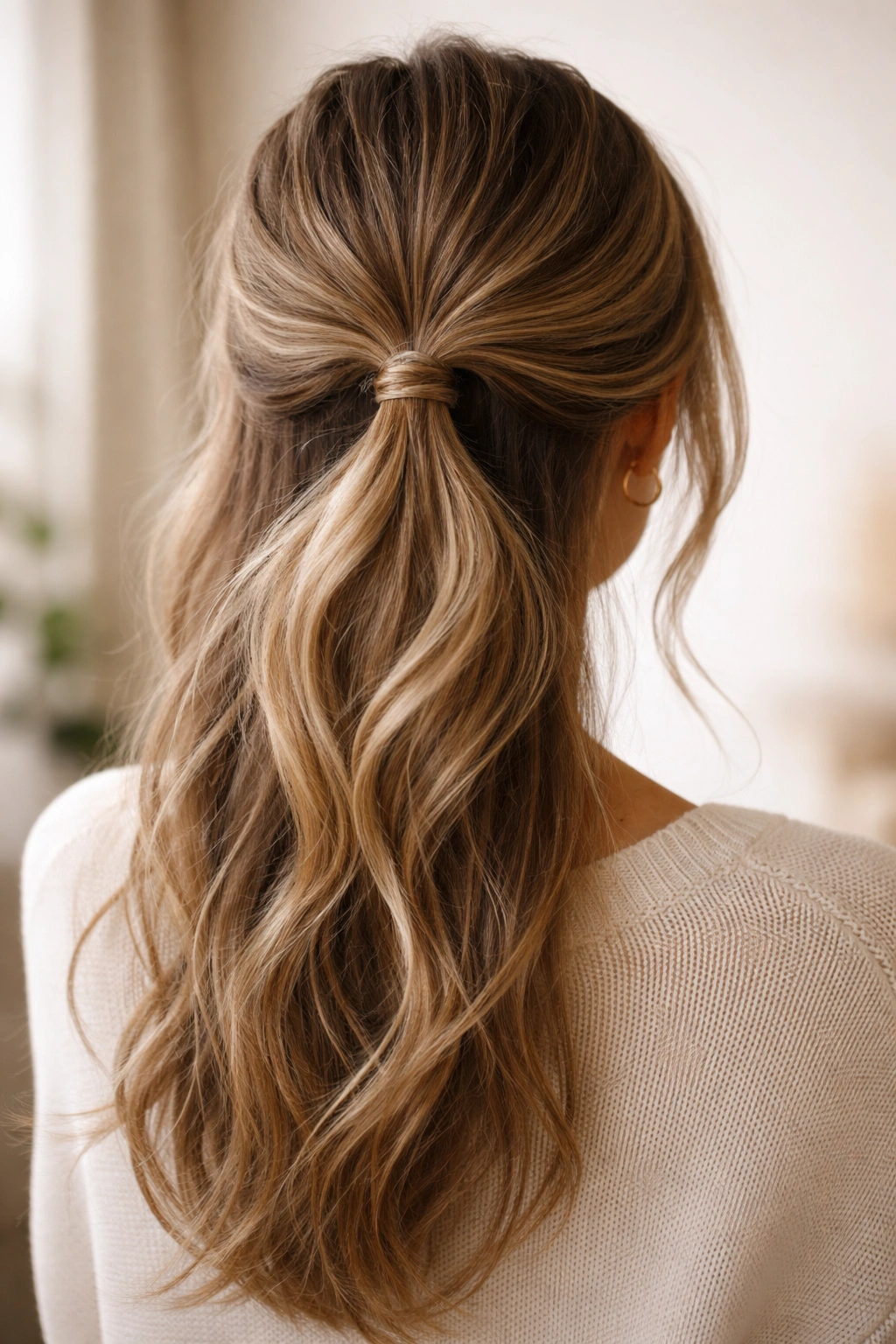 Half-up half-down loose low ponytail with top gathered section