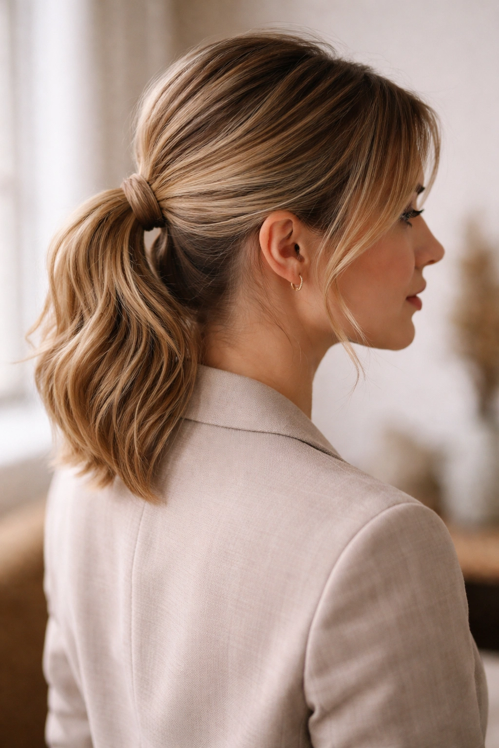 Half-up half-down low ponytail showing gathered top and flowing bottom