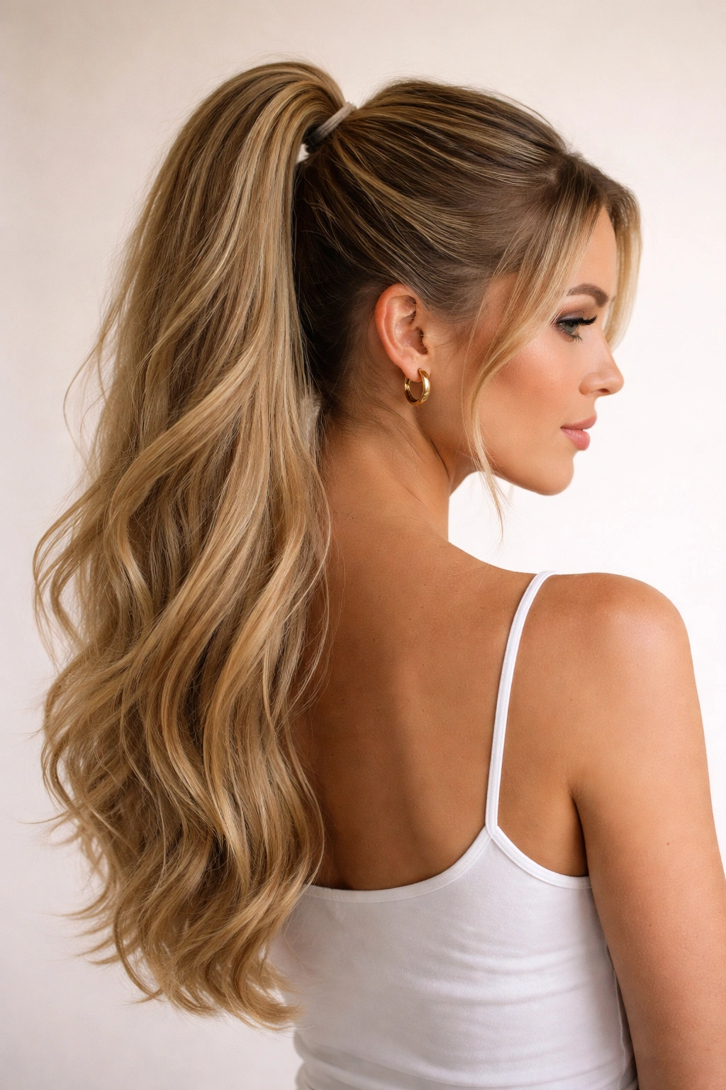 Half-up high pony with upper section tied at the crown and lower hair down