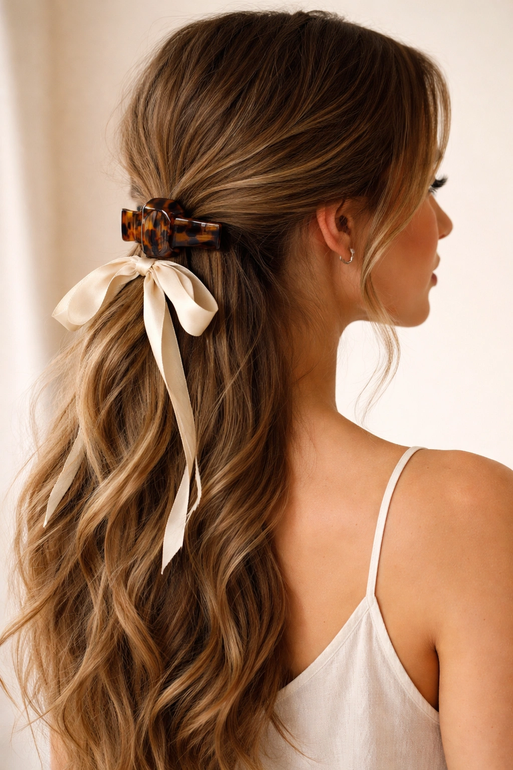 Close-up of a hair look featuring a low half-up ponytail with tortoiseshell clip and silk ribbon ins woven base