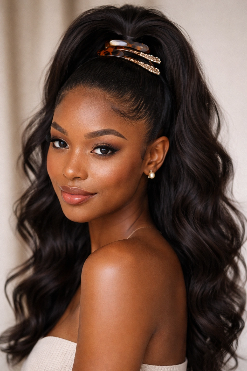 Half-up ponytail with tortoiseshell and gold barrettes framing the face
