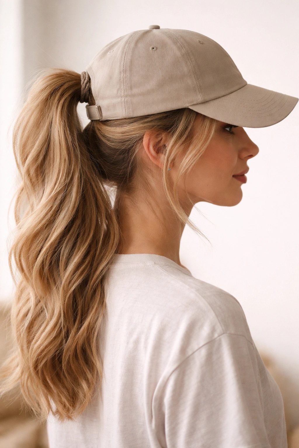 Side view of half-up ponytail under baseball cap