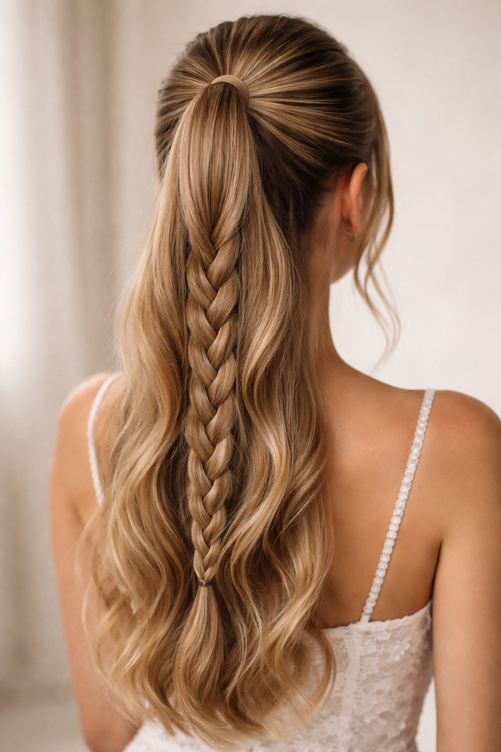 Half-up ponytail with bottom braid visible from back