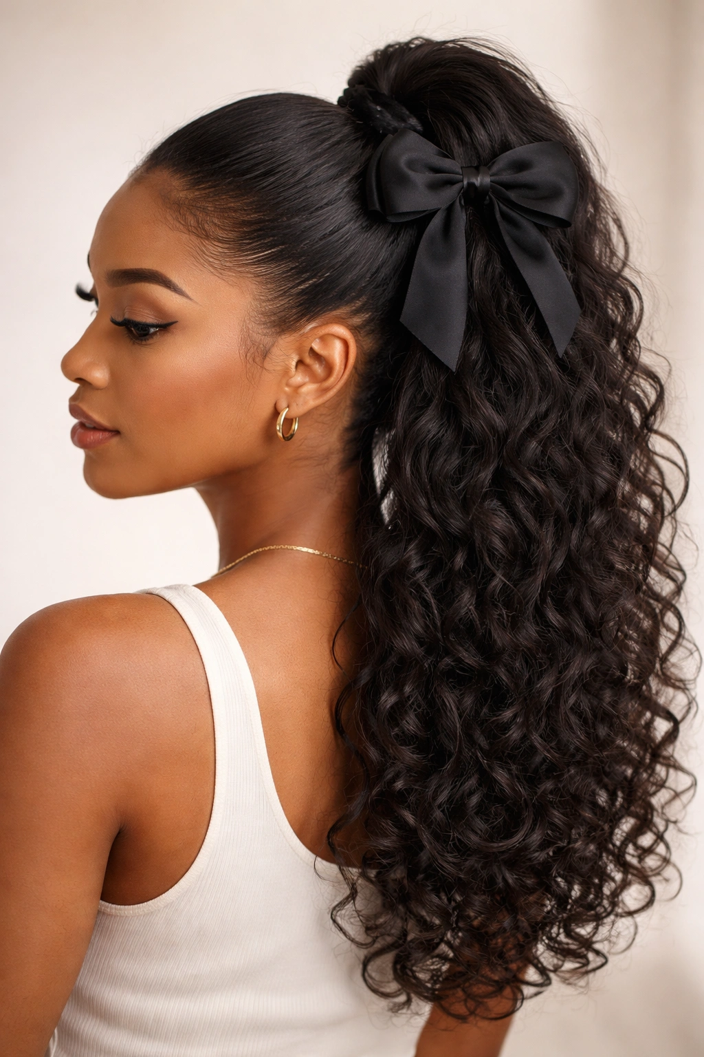 Close-up of half-up ponytail with bow accessory on textured hair
