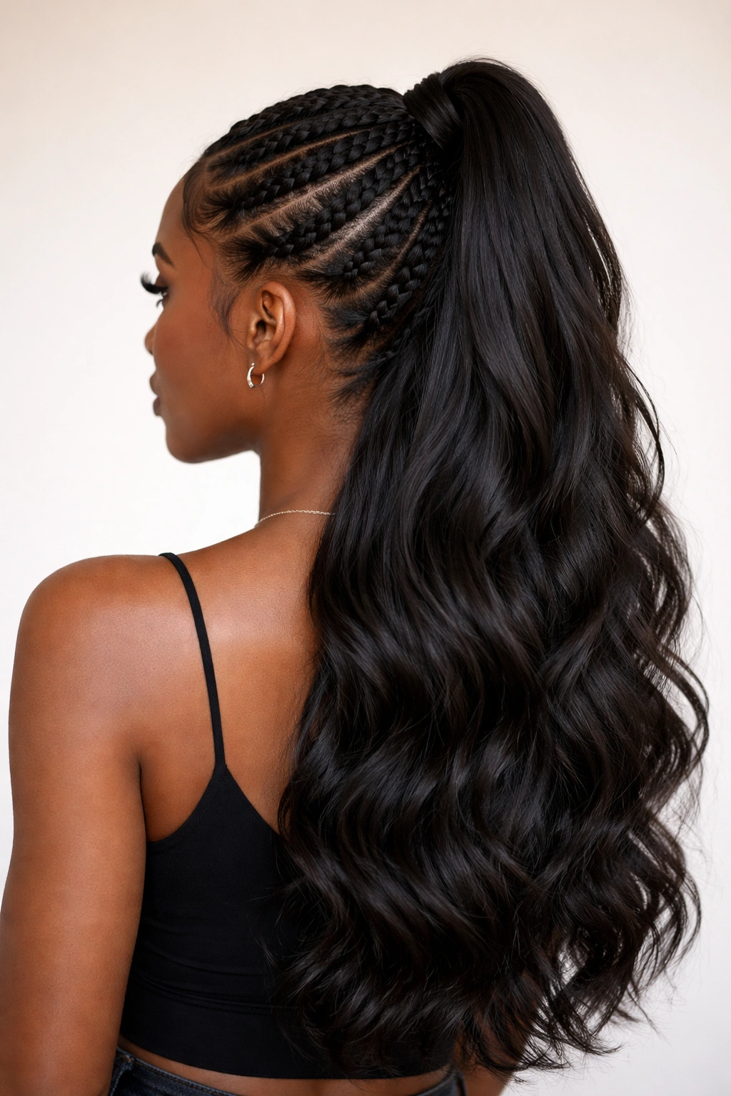 Back-three-quarter view of half-up ponytail with braids