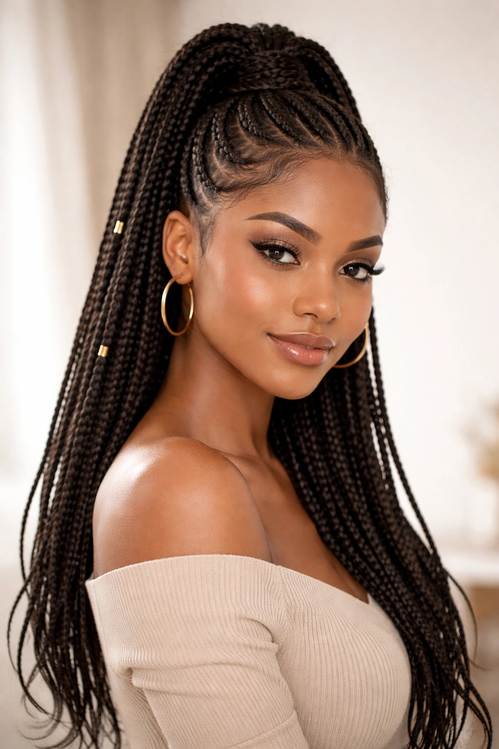 Half-up box braid ponytail with crown pull and flowing lower braids