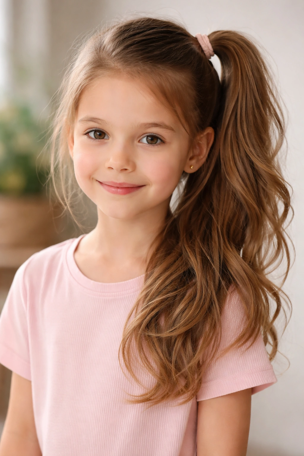 Child with half-up side ponytail, bottom hair down, in a neutral studio setting.