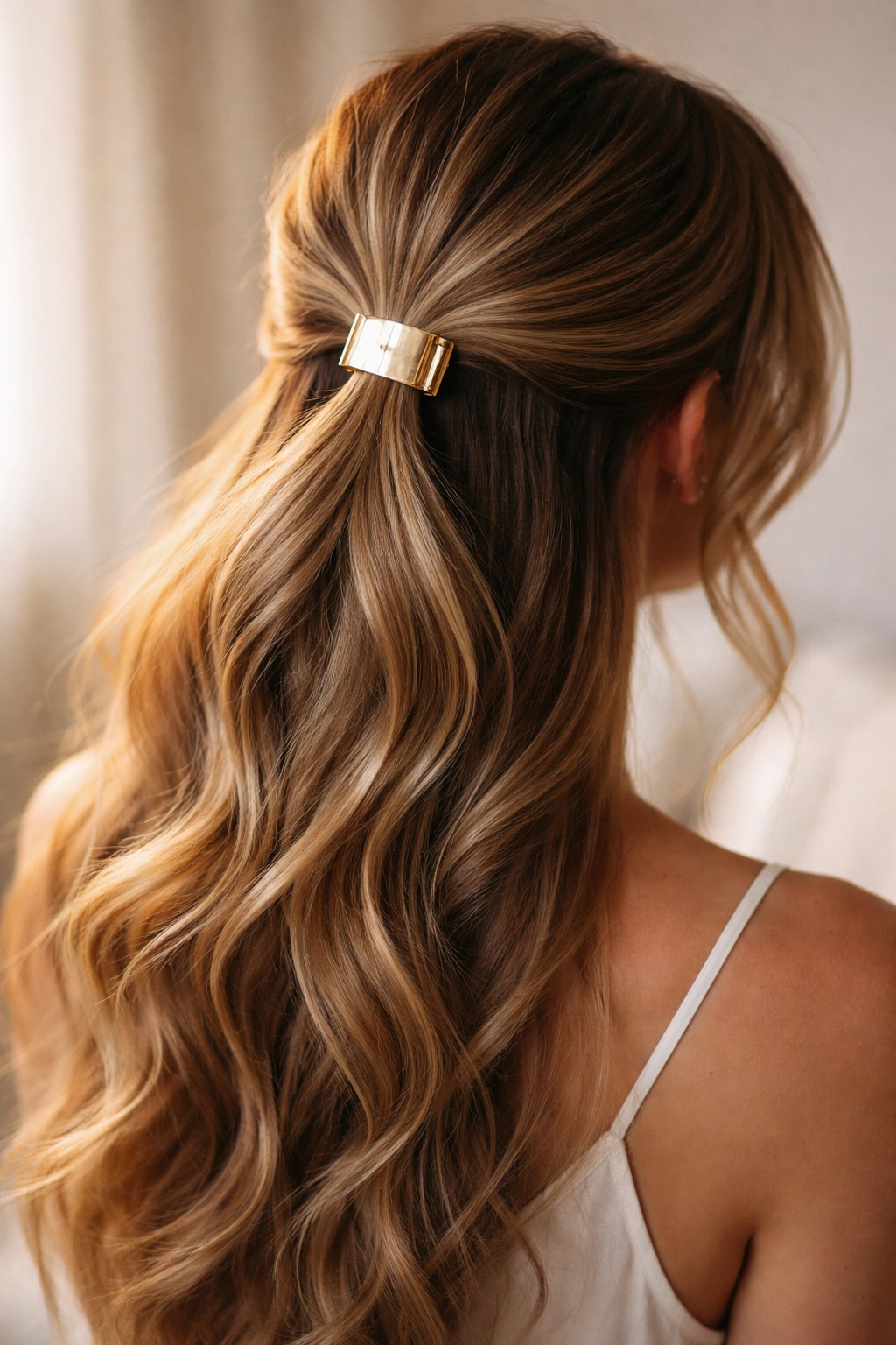Close-up of half-up ponytail secured with a gold clip and soft waves