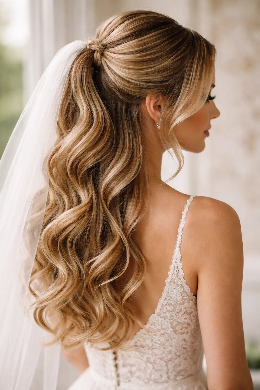 Half-up ponytail with curls and veil anchor at crown