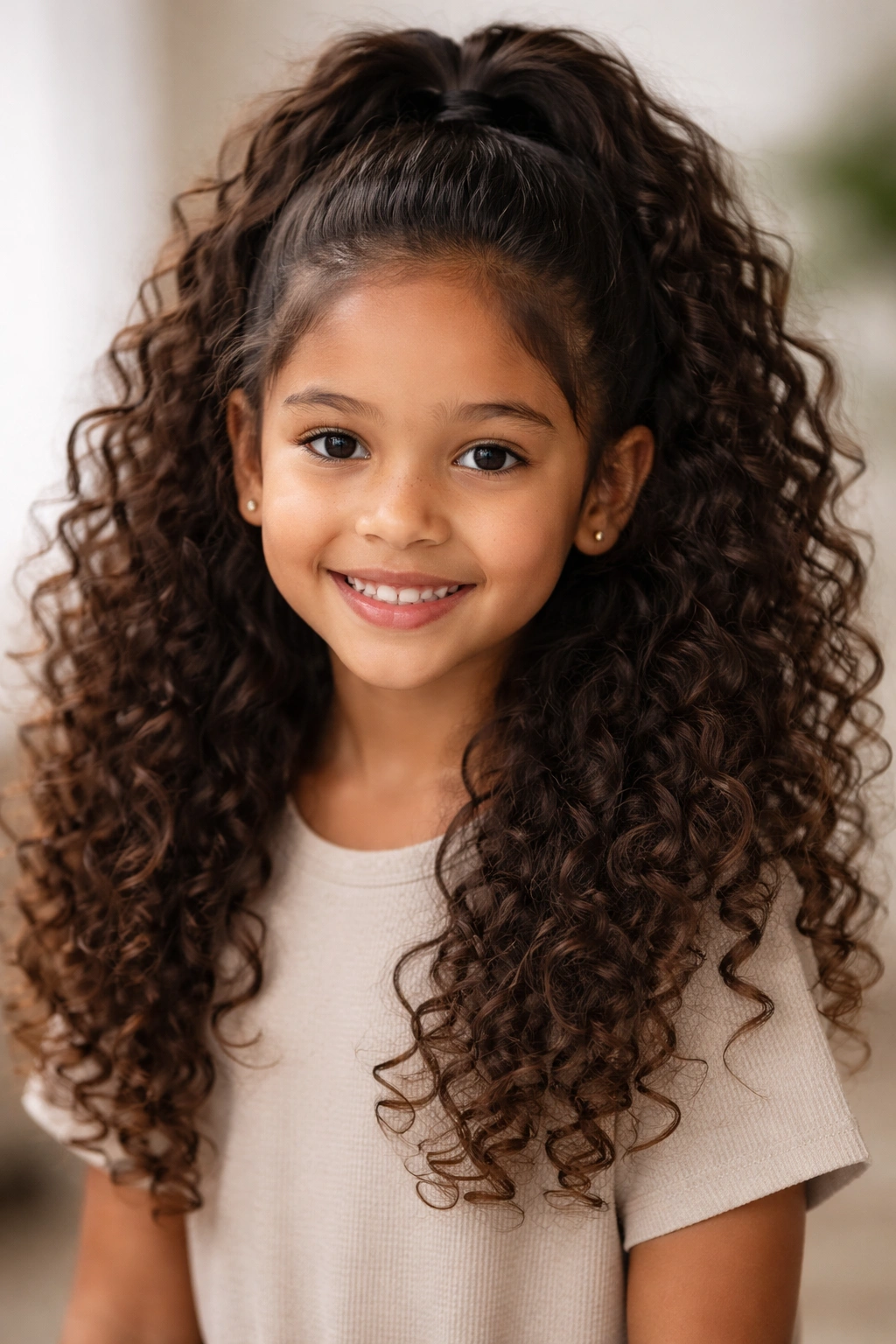 Close-up of a child’s thick curly hair styled in a half-up ponytail hybrid with face-framing curls.
