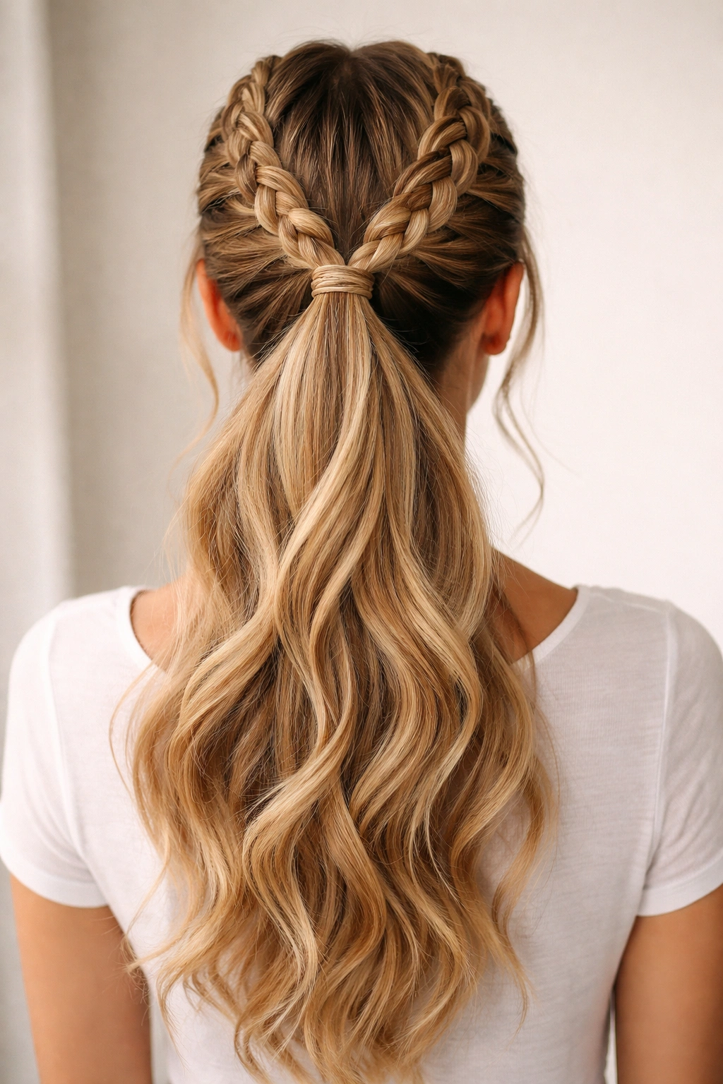 Half-up double braid ponytail with top braids and loose bottom hair
