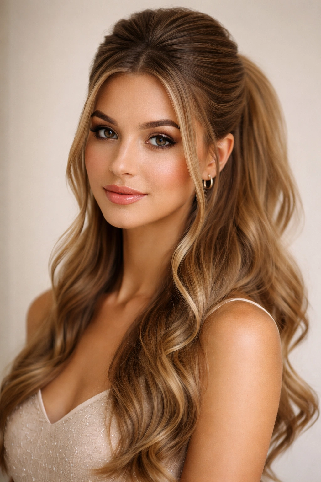 Close-up of classic half-up ponytail with face-framing pieces and soft curls
