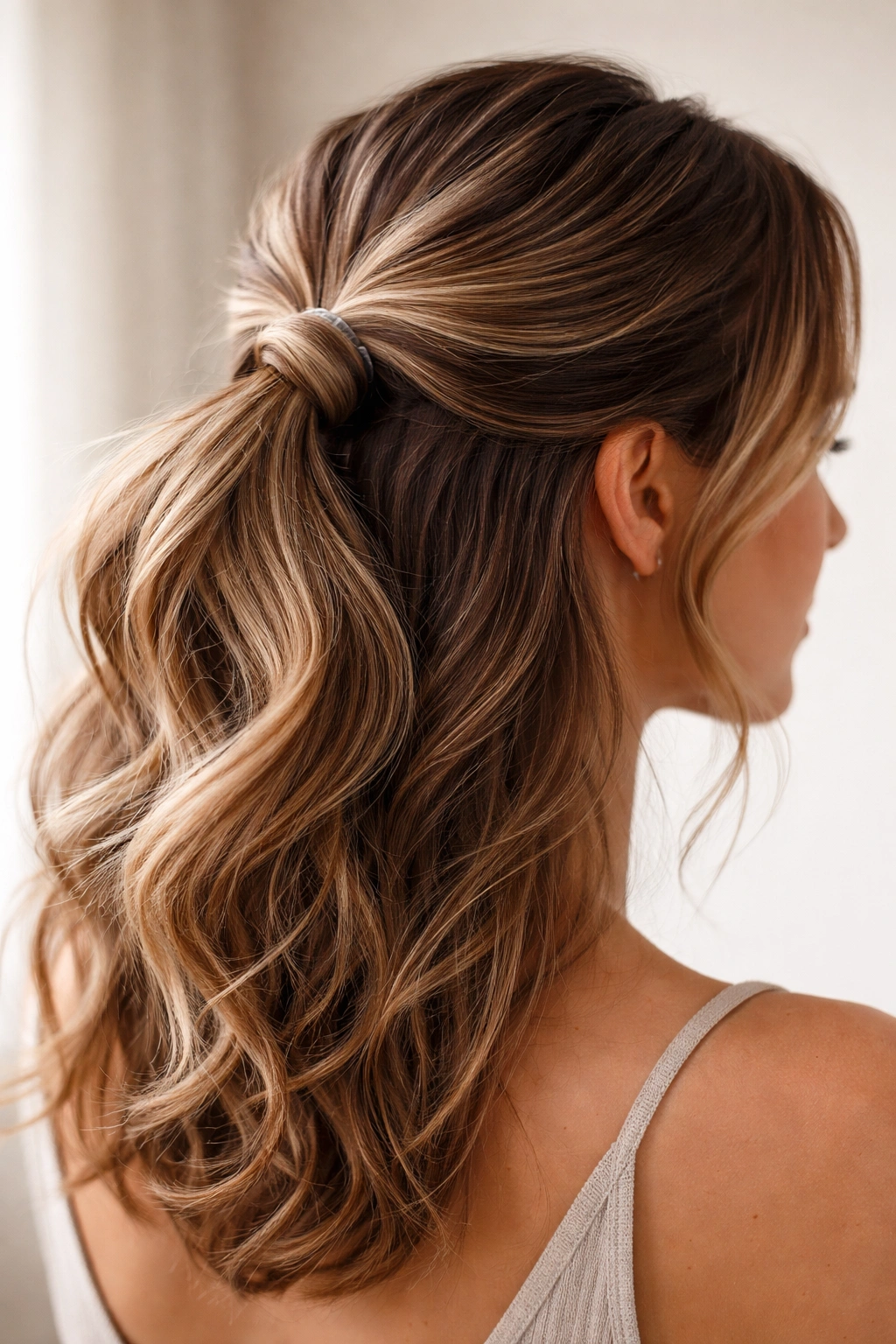 Profile of a low half-up ponytail with a flipped-through loop showcasing waves