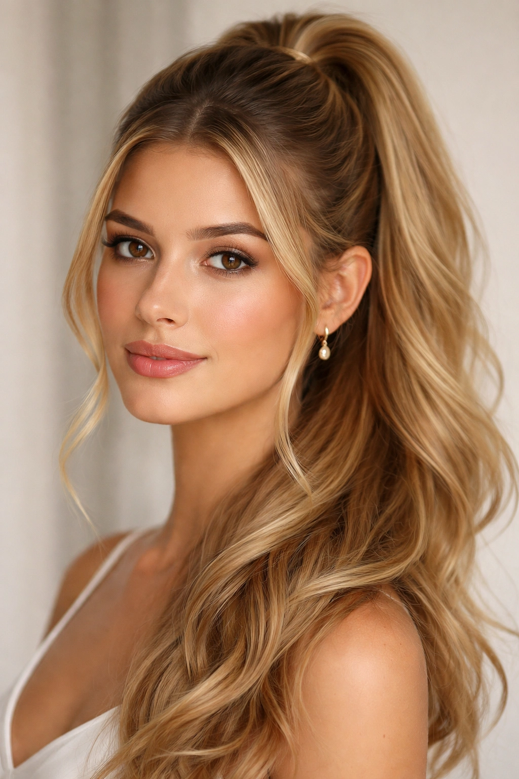 Close-up of a person with a half-up ponytail, crown pulled back and loose waves