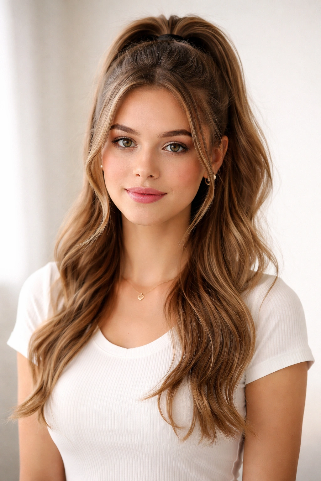 Front view of a half-up ponytail with top section tied back and bottom hair down