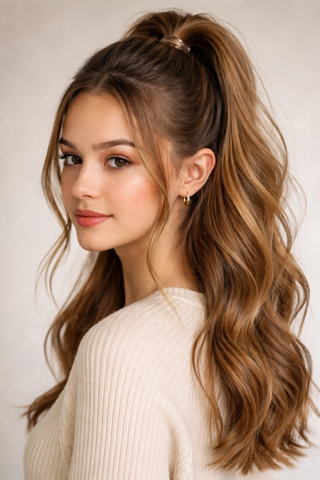 Front-three-quarter view of half-up ponytail with top knot and flowing waves