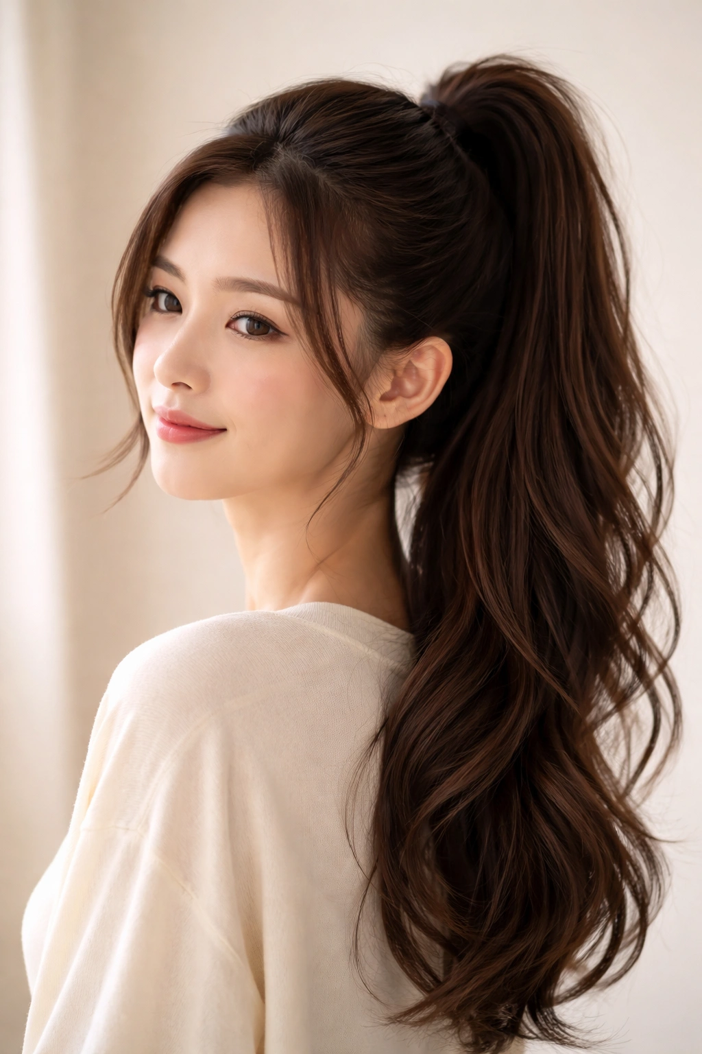 Half-up half-down ponytail with top knot and loose bottom hair.