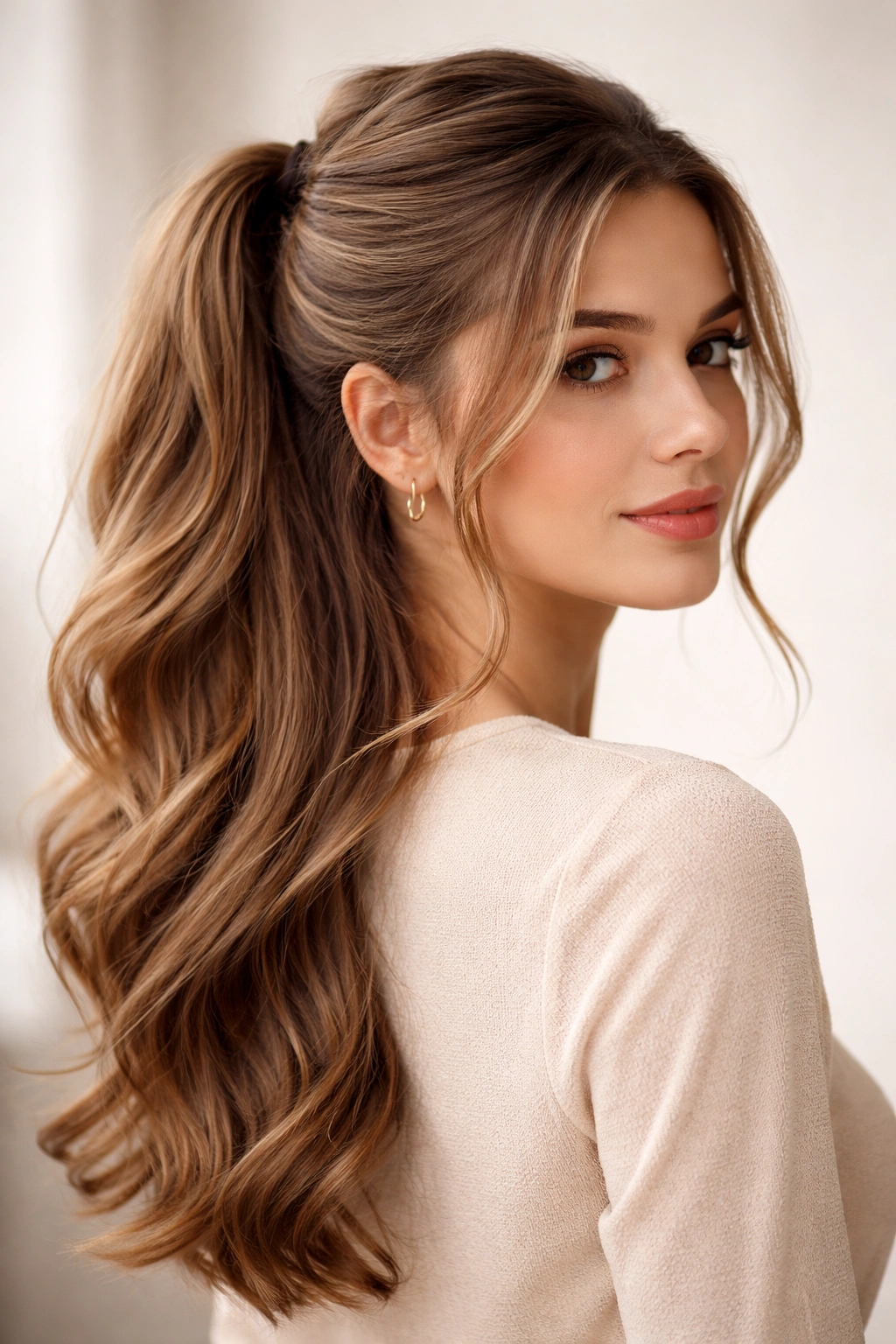 Close-up side portrait of a long-haired model wearing a classic half-up ponytail with a hidden wrapped base