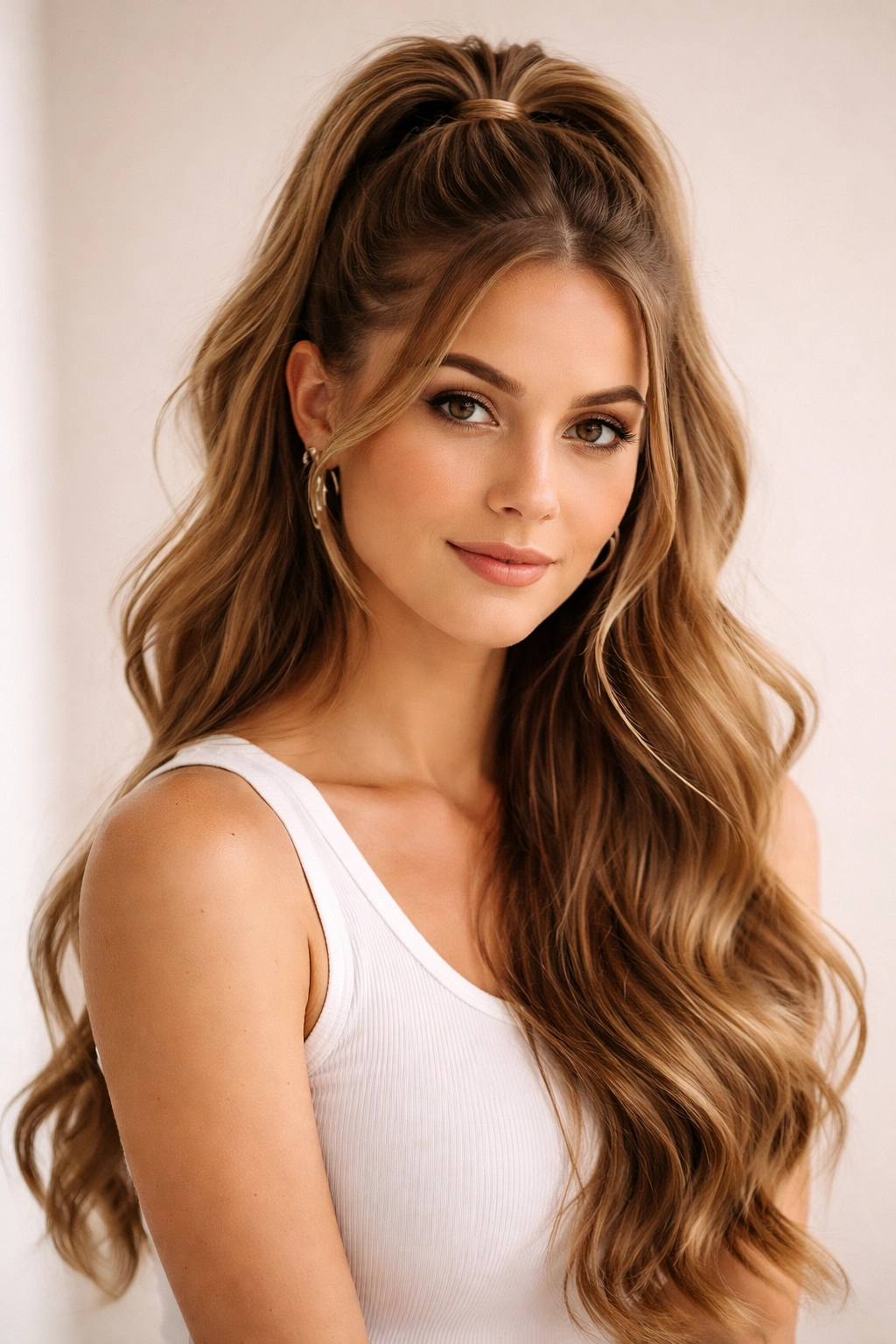 Half-up ponytail with top section secured and bottom hair loose