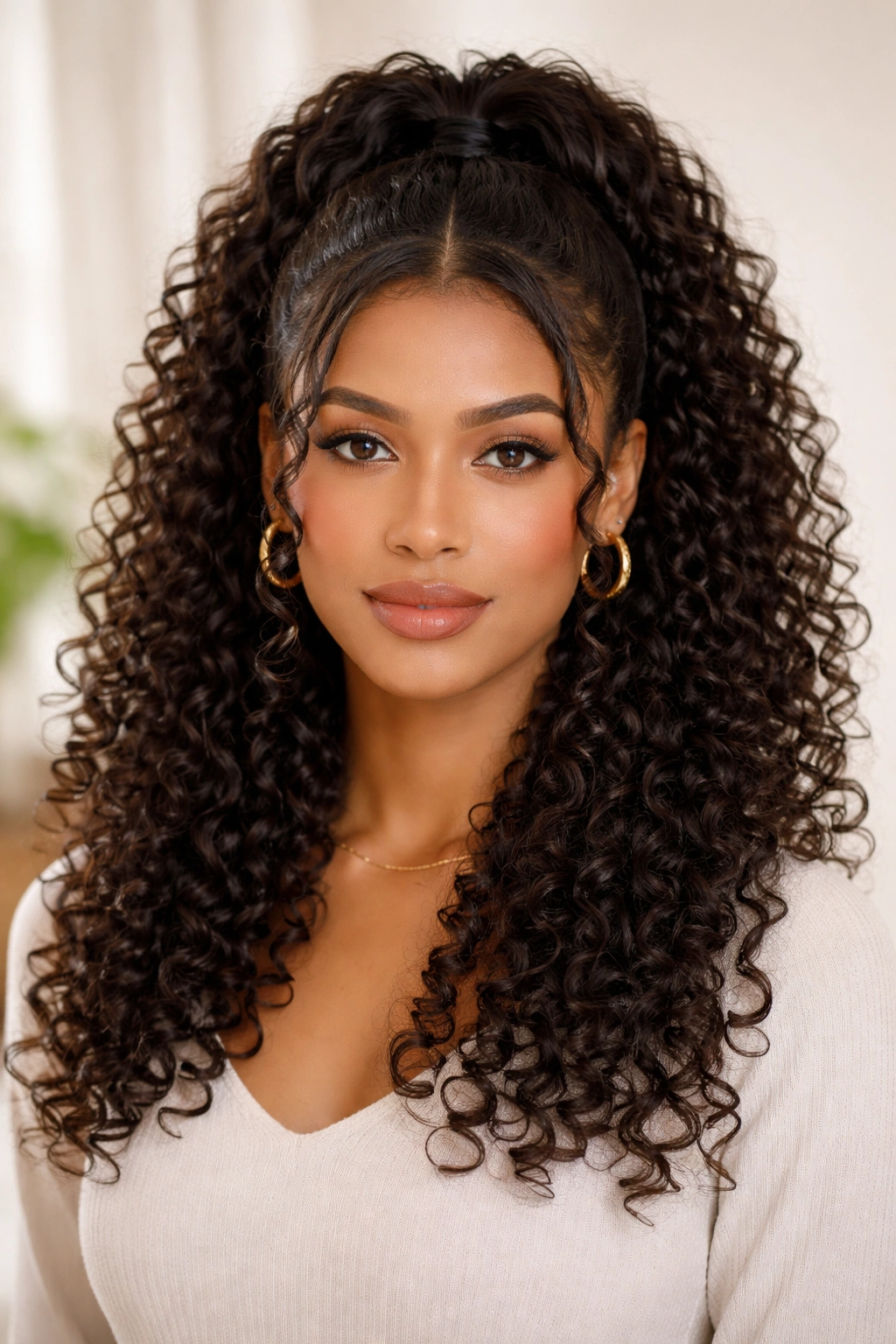 Half-up half-down middle-part ponytail showing upper crown and flowing curls