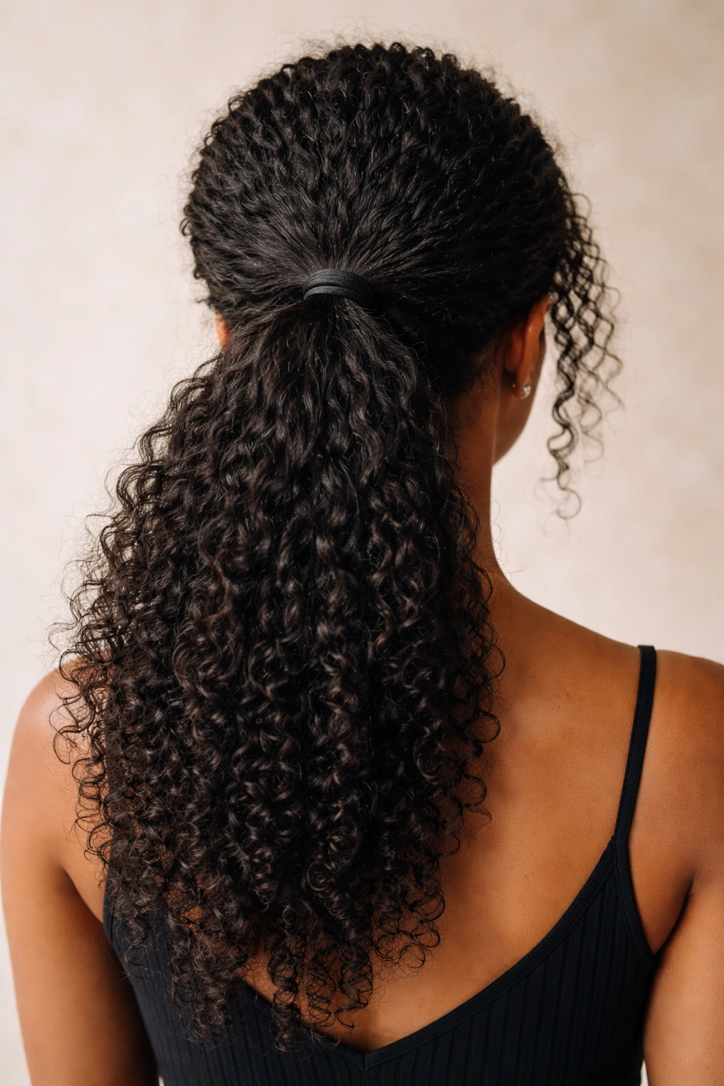 Back view of half-up, half-down low ponytail on natural hair with top section pulled back
