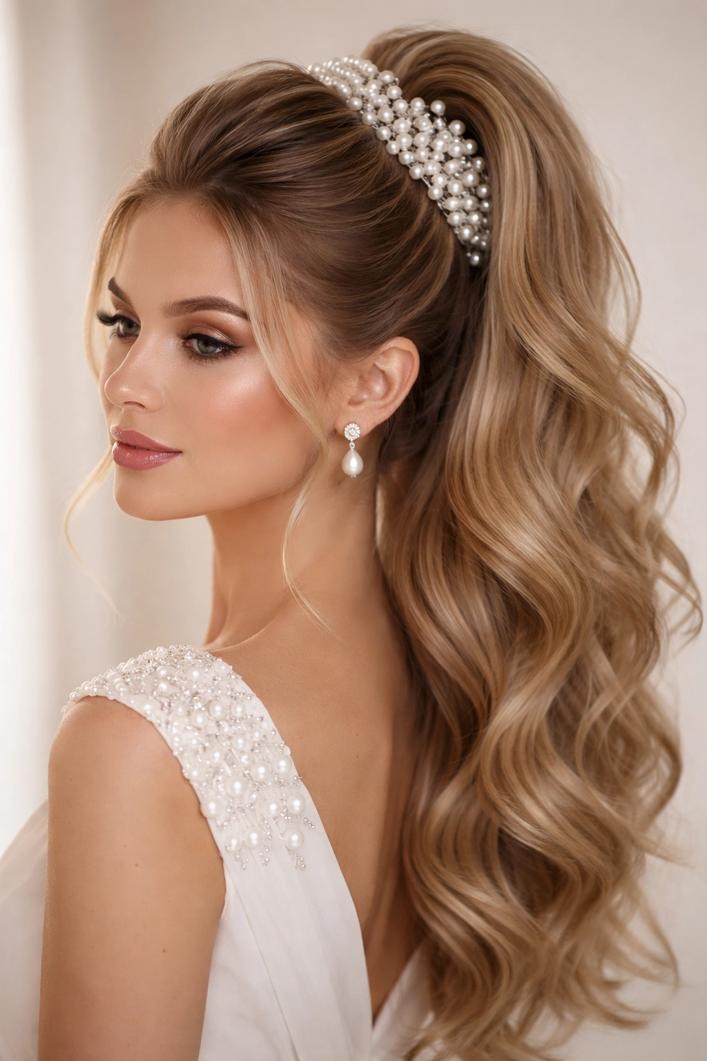 High half-up ponytail hairstyle with a pearl fascinator