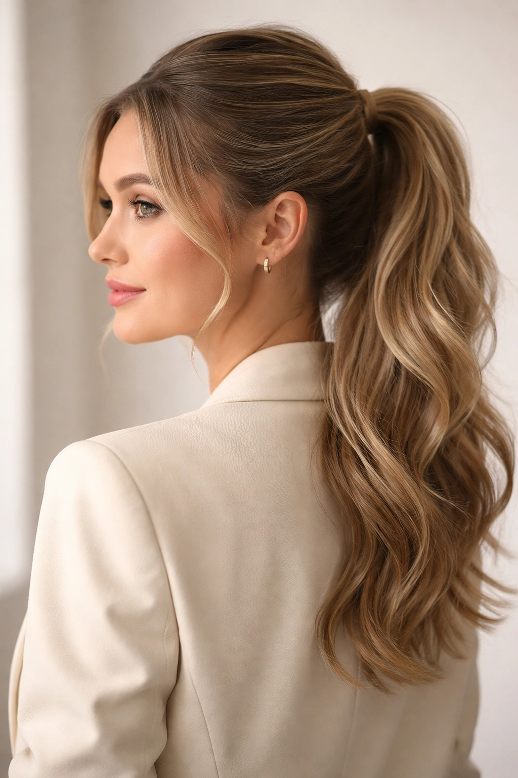 Half-up ponytail showing top pulled back with waves