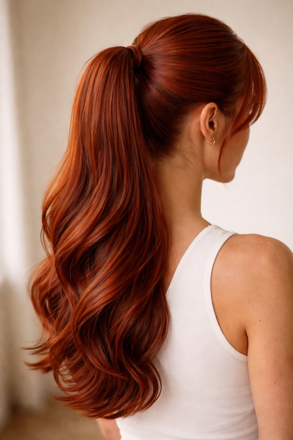 Half-up ponytail on red hair showing top slicked back