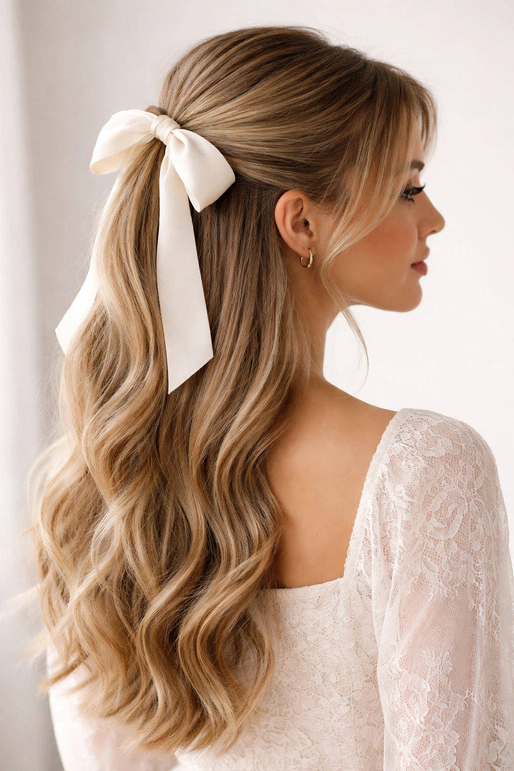 Half-up ponytail with ribbon wrapped at the crown and loose waves below