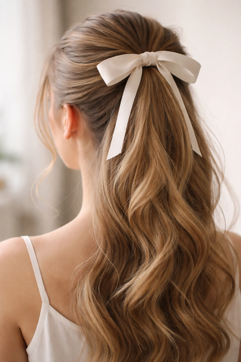 Half-up ponytail with ribbon bow and loose waves