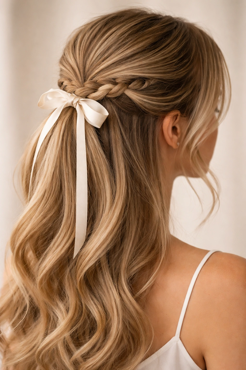 Side view of half-up ponytail with a braided ribbon wrap accent