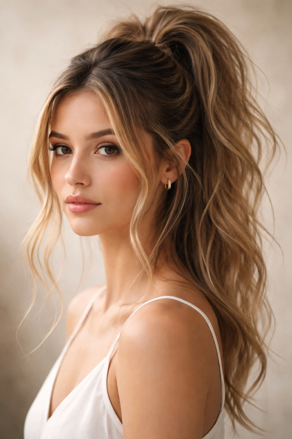 Half-up ponytail with scattered strands and twisted sides